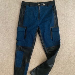 Denim and Faux Leather Cargo Pants
